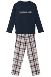 Schlafanzug Pyjama Herren - TRAUMMANN LANG - dunkelblau/flanell