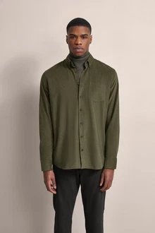 bugatti Langarmhemd Feincord Dunkelgrün/Khaki