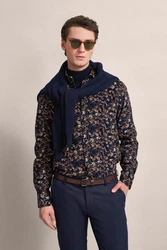 bugatti Langarmhemd mit Print Dunkelblau/Gelb/Blau