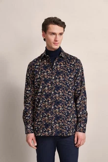 bugatti Langarmhemd mit Print Dunkelblau/Gelb/Blau