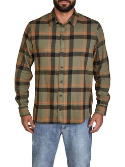 DENIMFY Langarmhemd DFDean Regular Fit Dunkelgrün/Orange/Khaki/Braun