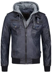 Indicode Herren Aaron Lederjacke mit Abnehmbarer Kapuze Dunkelblau/Blau