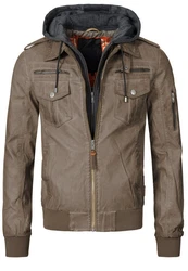 Indicode Herren Aaron Lederjacke mit Abnehmbarer Kapuze Khaki/Grau/Braun/Beige/Dunkelgrün