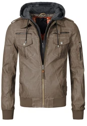 Indicode Herren Aaron Lederjacke mit Abnehmbarer Kapuze Khaki/Grau/Braun/Beige/Dunkelgrün