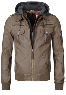Indicode Herren Aaron Lederjacke mit Abnehmbarer Kapuze Khaki/Grau/Braun/Beige/Dunkelgrün