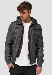 Indicode Herren Aaron Lederjacke mit Abnehmbarer Kapuze Dunkelgrau/Grau