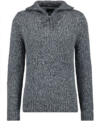 RAGMAN V-Ausschnitt Pullover Tweed mit Troyer und Zip Dunkelblau/Grau/Dunkelgrau
