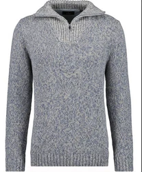 RAGMAN V-Ausschnitt Pullover Tweed mit Troyer und Zip Grau/Dunkelblau