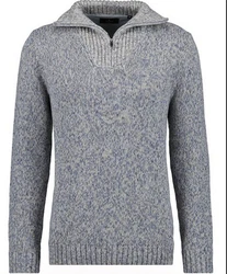 RAGMAN V-Ausschnitt Pullover Tweed mit Troyer und Zip Grau/Dunkelblau