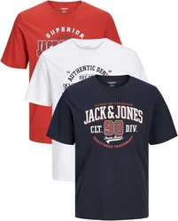 Jack & Jones Plus Print-Shirt Spar-Set 3er-Pack Big Size Shirt Dunkelblau/Dunkelrot/Hellblau/Rot