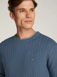 Tommy Hilfiger Strickpullover HERRINGBONE STRUCTURE C NK mit Zopfmuster Hellblau/Blau/Grau