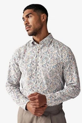 Next Langarmhemd Formelles Hemd mit Print und Sportmanschetten Mischfarben/Beige/Weiß/Hellblau