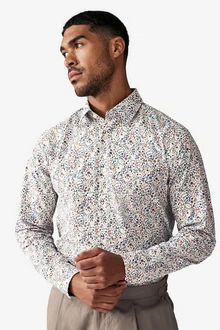 Next Langarmhemd Formelles Hemd mit Print und Sportmanschetten Mischfarben/Beige/Weiß/Hellblau