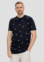 s.Oliver Kurzarmshirt mit All-over-Print und Crew Neck Artwork Dunkelblau/Blau/Gelb