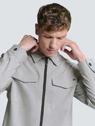 NO EXCESS Langarmhemd Stretch Overshirt mit Reißverschluss Grau/Hellgrau/Khaki