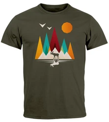 Neverless Print-Shirt Herren T-Shirt Berge Elch Polygon Natur Outdoor Dunkelgrün/Grün/Khaki/Türkis