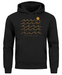 Neverless Hoodie Herren Print Minimalismus Wellen Sonne Meer Schwarz/Rot