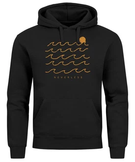 Neverless Hoodie Herren Print Minimalismus Wellen Sonne Meer Schwarz/Rot
