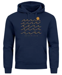 Neverless Hoodie Herren Print Minimalismus Wellen Sonne Meer Dunkelblau/Blau/Hellblau