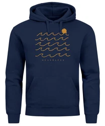 Neverless Hoodie Herren Print Minimalismus Wellen Sonne Meer Dunkelblau/Blau/Hellblau