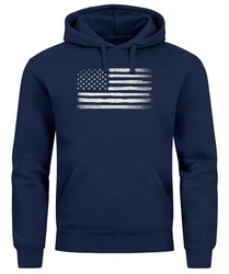 Neverless Hoodie Herren USA Flagge Print Retro Style Mnner Fashion Streetstyle Dunkelblau/Blau