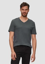 Kurzarmshirt Baumwollshirt mit V-Ausschnitt und Flammgarnstruktur