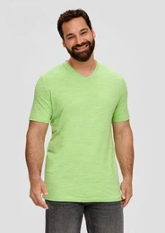 Kurzarmshirt T-Shirt mit V-Ausschnitt und Flammgarnstruktur Kontrast-Details