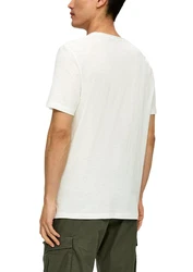 s.Oliver Kurzarmshirt T-Shirt mit Flammgarn-Struktur und Logo-Print Khaki/Weiß/Creme