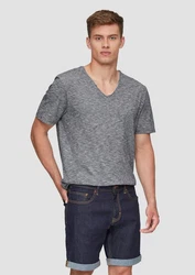 QS Kurzarmshirt T-Shirt mit V-Ausschnitt und Logo-Detail Dunkelgrau/Grau/Hellgrau/Dunkelblau
