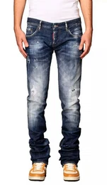 5-Pocket-Jeans Skater Jeans Distressed Cloudy Wash mit Farbspritzern Gelbe Kontrastnhte, brauner Kalbsleder-Patch, roter Logo-Patch