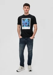 QS Kurzarmshirt T-Shirt mit Frontprint Schwarz/Lila/Creme/Hellblau