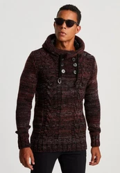 Leif Nelson Herren Strick-Pullover mit Kapuze Slim Fit LN20227 Dunkelrot/Bordeaux/Rot