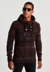 Leif Nelson Herren Strick-Pullover mit Kapuze Slim Fit LN20227 Dunkelrot/Bordeaux/Rot