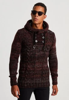 Leif Nelson Herren Strick-Pullover mit Kapuze Slim Fit LN20227 Dunkelrot/Bordeaux/Rot