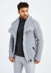 Leif Nelson Herren Strickjacke Schalkragen Slim Fit Winter-Freizeit-Jacke Moderne Männer Pulli Grobstrick Sweatjacke Langarm Hoodie-Pullover Grau/Blau/Hellblau