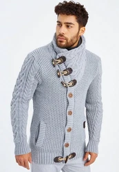 Leif Nelson Herren Strickjacke Schalkragen Slim Fit Winter-Freizeit-Jacke Moderne Männer Pulli Grobstrick Sweatjacke Langarm Hoodie-Pullover Grau/Blau/Hellblau