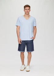 QS Kurzarmshirt T-Shirt mit V-Ausschnitt und Logo-Detail Hellblau/Blau
