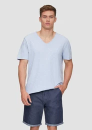 Kurzarmshirt Meliertes T-Shirt mit V-Ausschnitt und Logo-Detail