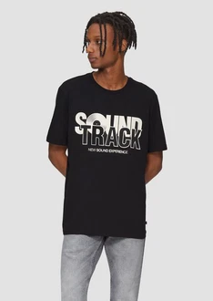 QS T-Shirt mit Front- und Rückenprint Schwarz/Beige
