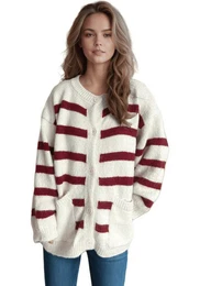 Strickpullover Herbst-Winter-Strickjacke, leger, locker, kontrastreiche Streifen, runder Halsausschnitt, dicke, wrmende, langer rmel, Frauen