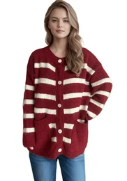 Strickpullover Herbst-Winter-Strickjacke, leger, locker, kontrastreiche Streifen, runder Halsausschnitt, dicke, wrmende, langer rmel, Frauen