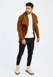 Leif Nelson Herren Strickjacke Schalkragen Slim Fit Winter-Freizeit-Jacke Moderne Männer Pulli Grobstrick Sweatjacke Langarm Hoodie-Pullover Orange/Braun