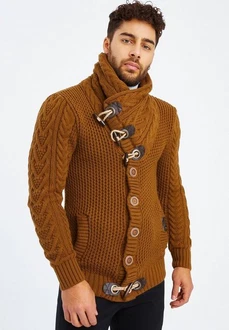 Leif Nelson Herren Strickjacke Schalkragen Slim Fit Winter-Freizeit-Jacke Moderne Männer Pulli Grobstrick Sweatjacke Langarm Hoodie-Pullover Orange/Braun