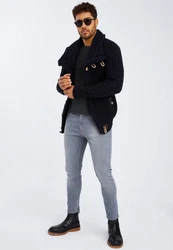 Leif Nelson Herren Strickjacke Schalkragen Slim Fit Winter-Freizeit-Jacke Moderne Männer Pulli Grobstrick Sweatjacke Langarm Hoodie-Pullover Dunkelblau