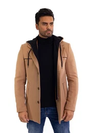 Wintermantel Sportlicher SLIM FIT Wintermantel mit Kapuze Beige 58 entspricht 3XL abnehmbare Kapuze