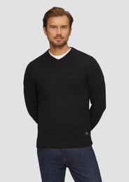 Strickpullover Strukturierter Baumwollpullover mit V-Ausschnitt Logo