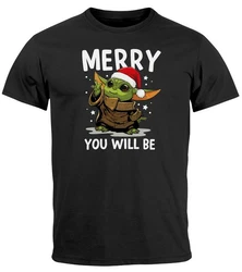 MoonWorks Print-Shirt Herren T-Shirt Weihnachten Baby-Yoda Fun-Shirt Spruch lustig Merry Schwarz/Dunkelgrün