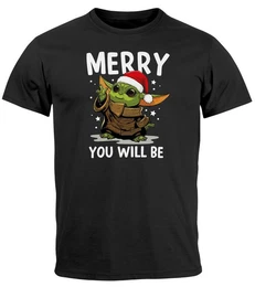 Print-Shirt Herren T-Shirt Weihnachten Baby-Yoda Fun-Shirt Spruch lustig Merry mit Print