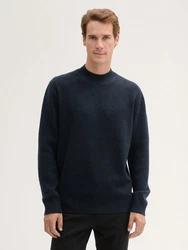 TOM TAILOR Strickpullover mit Stehkragen und Logo Badge dunkelblau