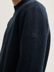 TOM TAILOR Strickpullover mit Stehkragen und Logo Badge dunkelblau